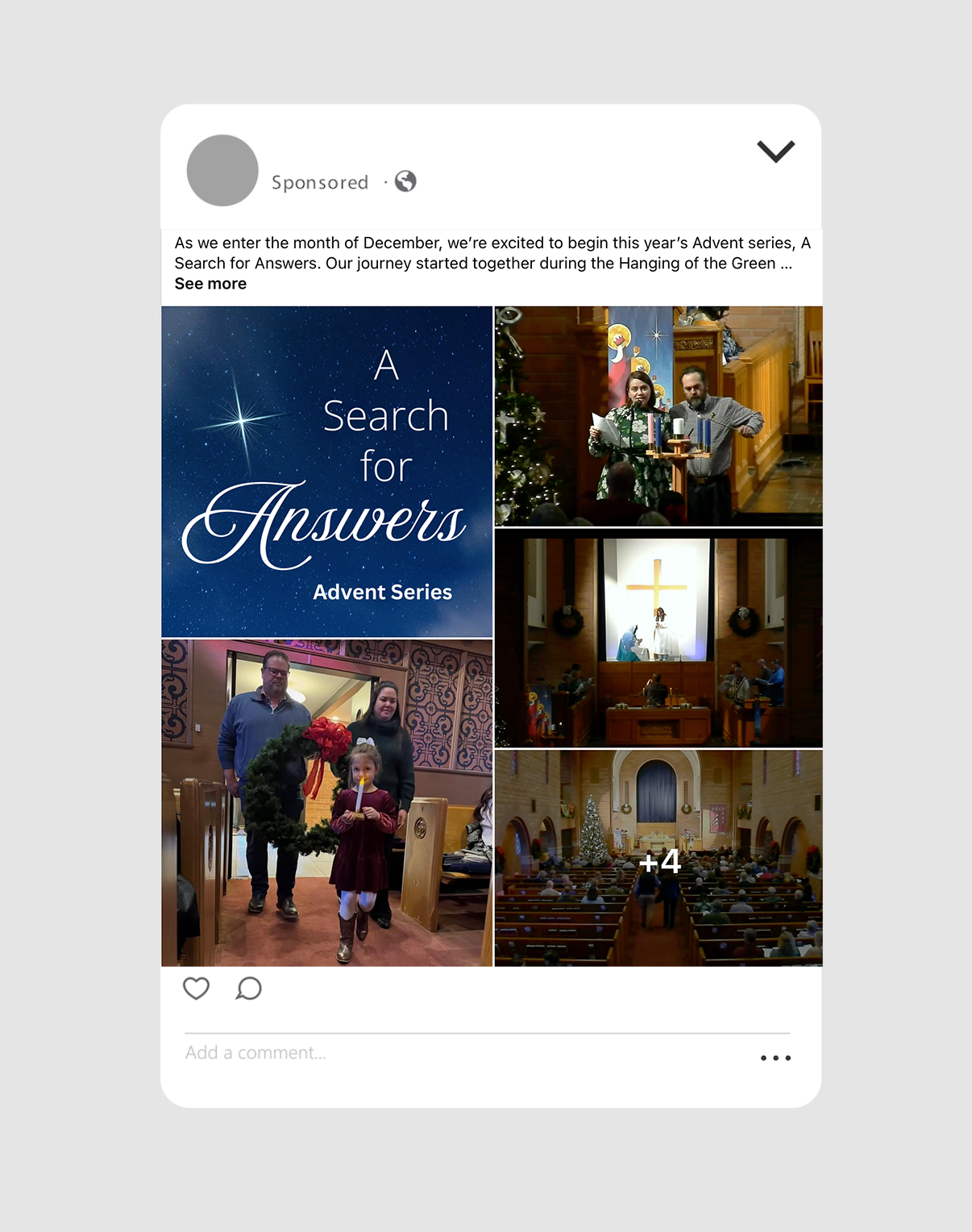 A collage of Christmas and church scenes, including a promotional graphic for 'A Search for Answers Advent Series,' a group singing in a church, a family with a wreath and candle, a church sermon with a cross, and a congregation gathered for a servic