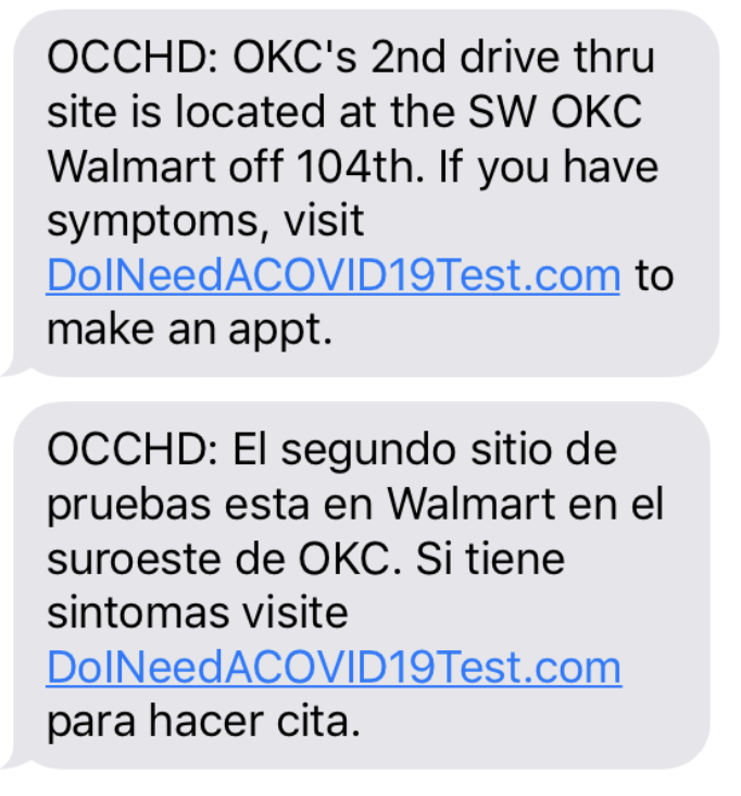 Text message in both English and Spanish providing instructions for COVID-19 testing at Walmart, including location details and a website link for scheduling.