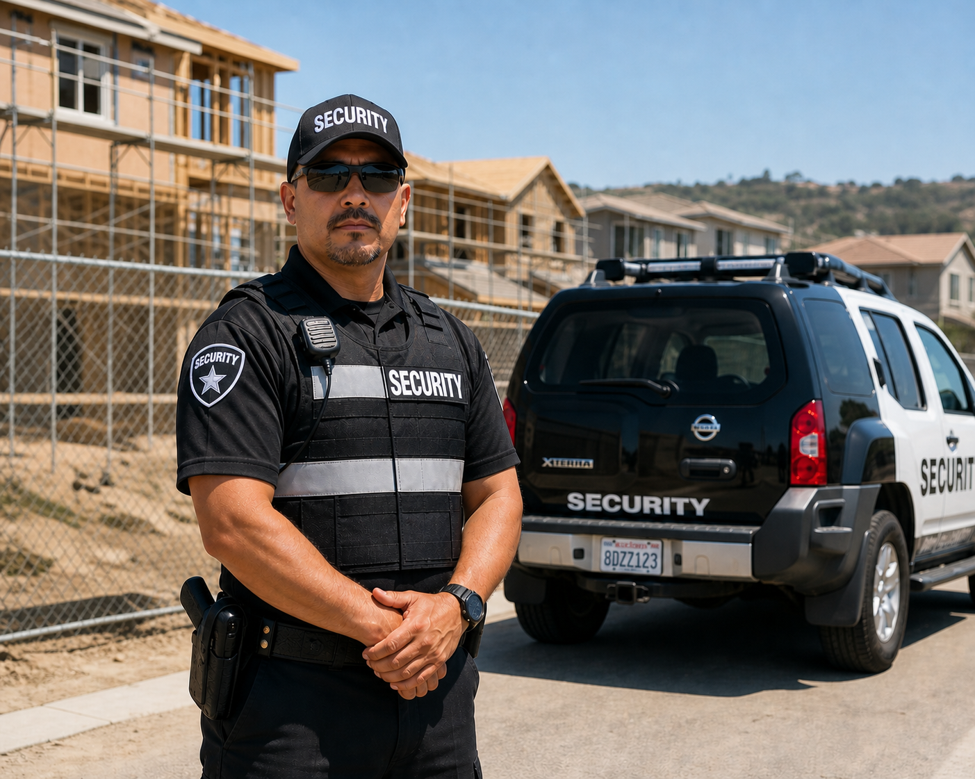 security guard posted at a residential community construction site with a patrol vehicle