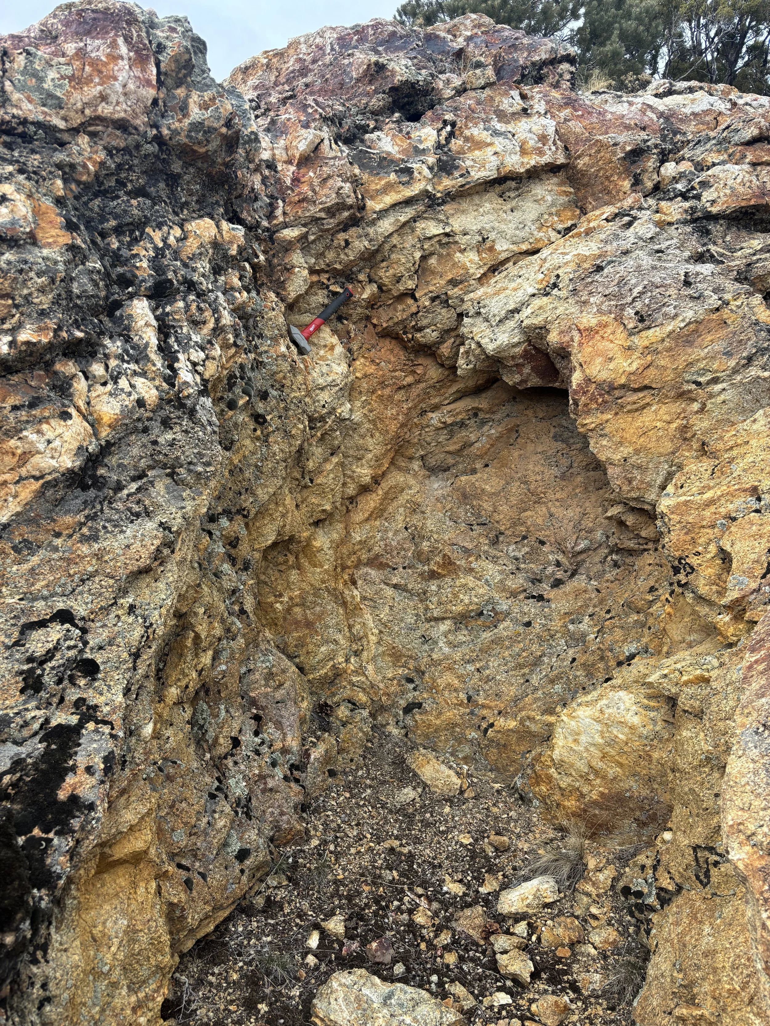Close-up of a rocky cliff face with an ice axe embedded in the rock, with sparse vegetation at the bottom.