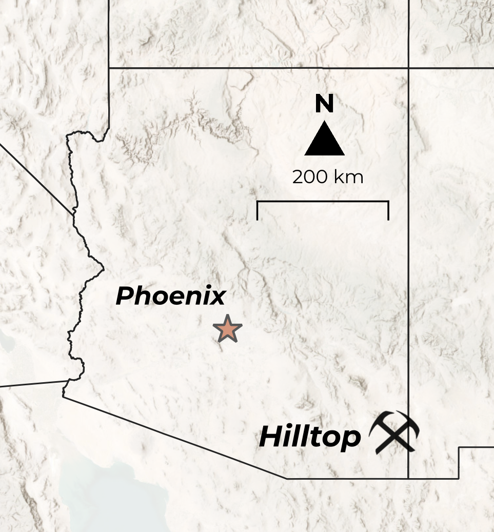 Location of the Hilltop Polymetallic CRD project in Eastern Arizona.