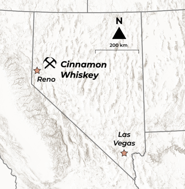 Location of the Cinnamon Whiskey Gold-Silver Project in Nevada.