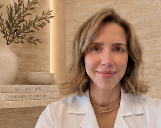 A smiling woman with short blonde hair in a white coat, sitting in a room with a wooden background, a potted plant, and a shelf with books labeled 'Aesthetics' and 'A Higher Standard'.