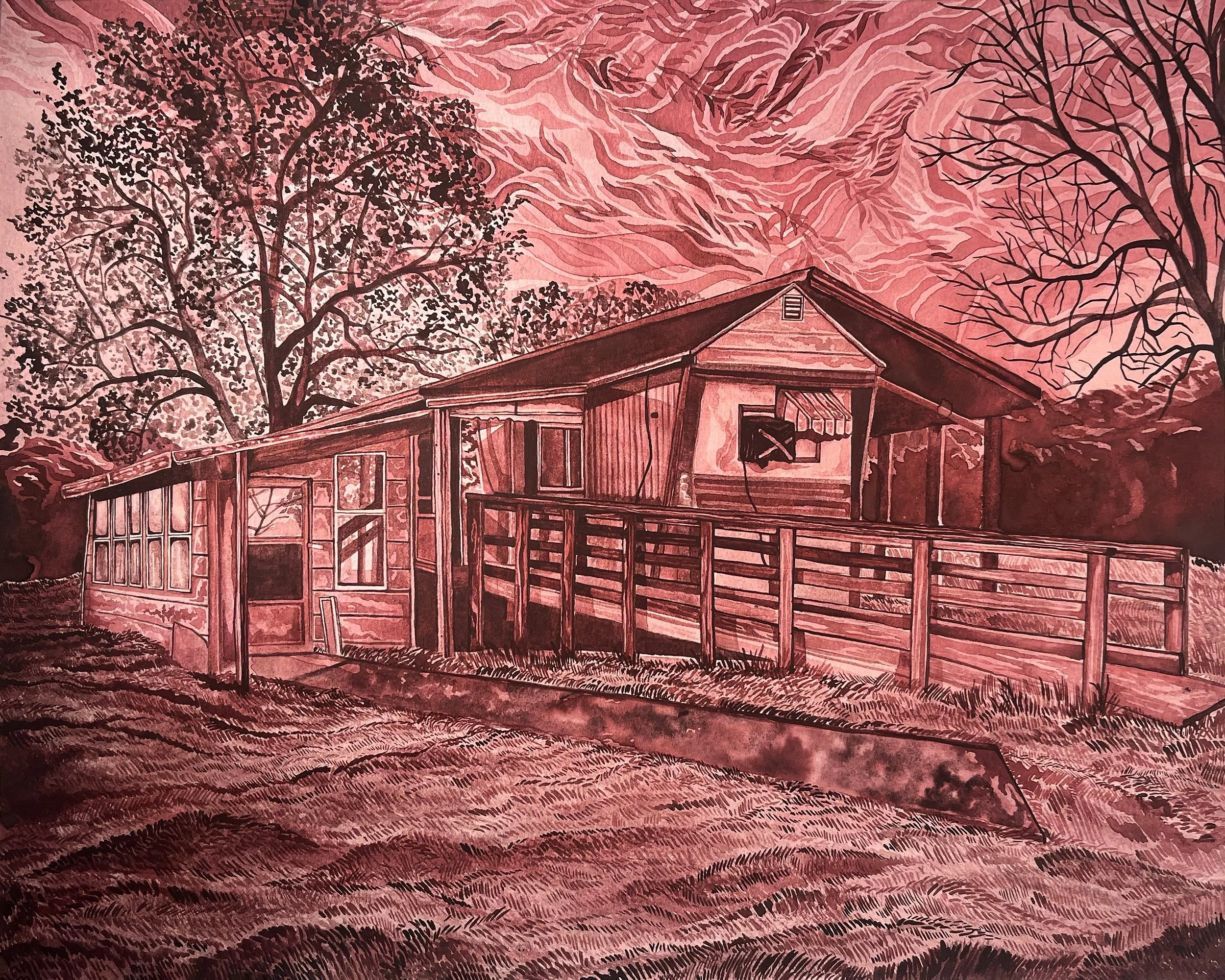 "The Modern American Homestead III," Watercolor & Iron Oxide Pigment