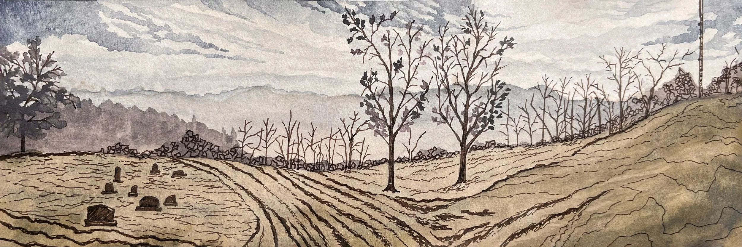 "Mount Calvary," Athens County OH -- 
Walnut Stain, Water Soluble Graphite, & Sepia Ink, 2025