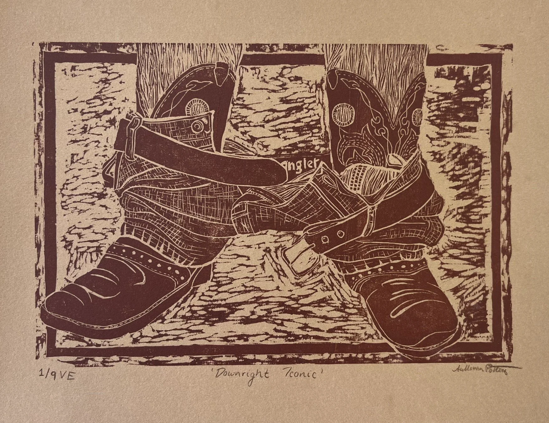 "Downright Iconic," Woodcut Relief, 2023