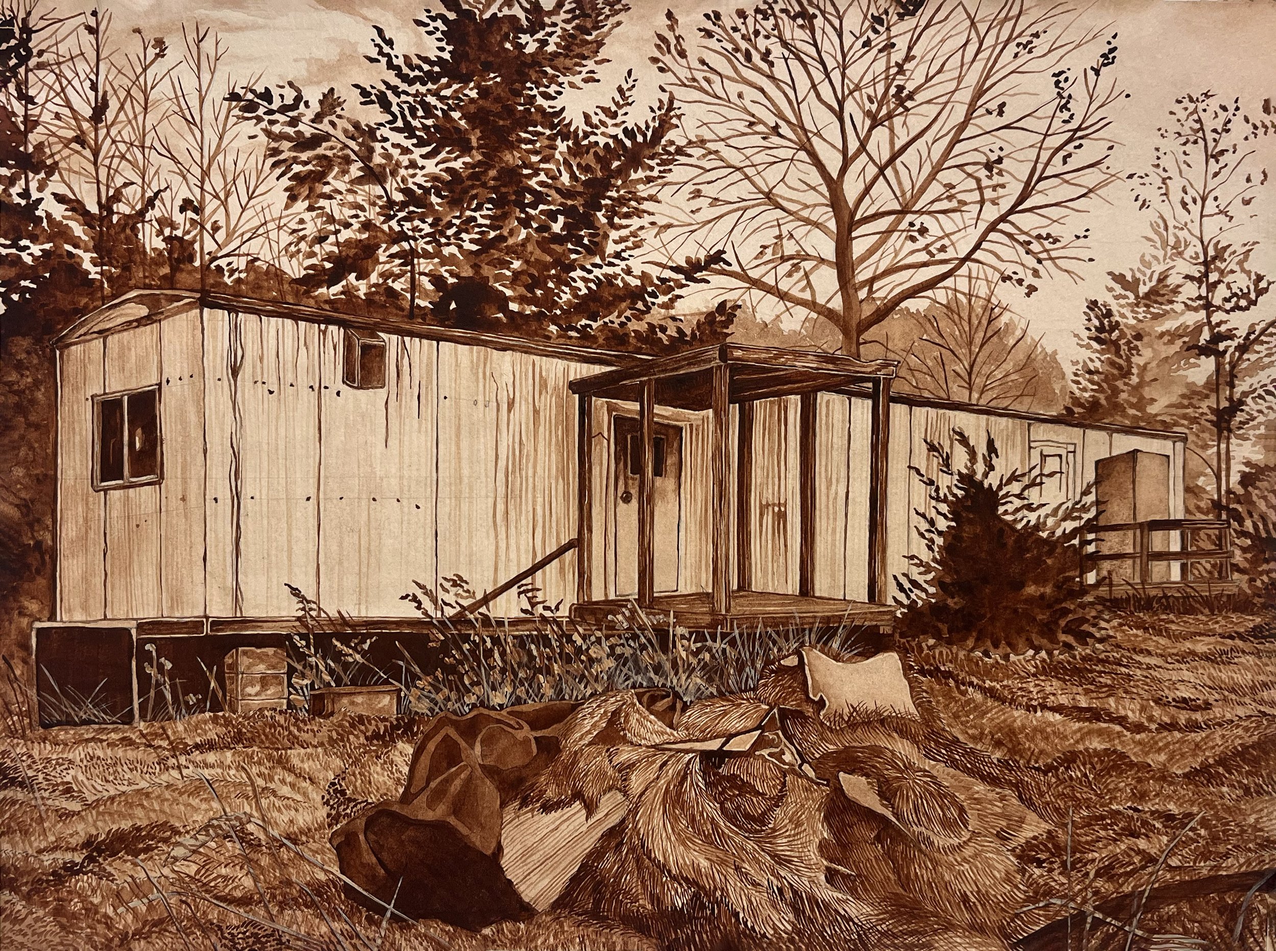 "The Modern American Homestead," Walnut Stain & Watercolor on Paper, 2025