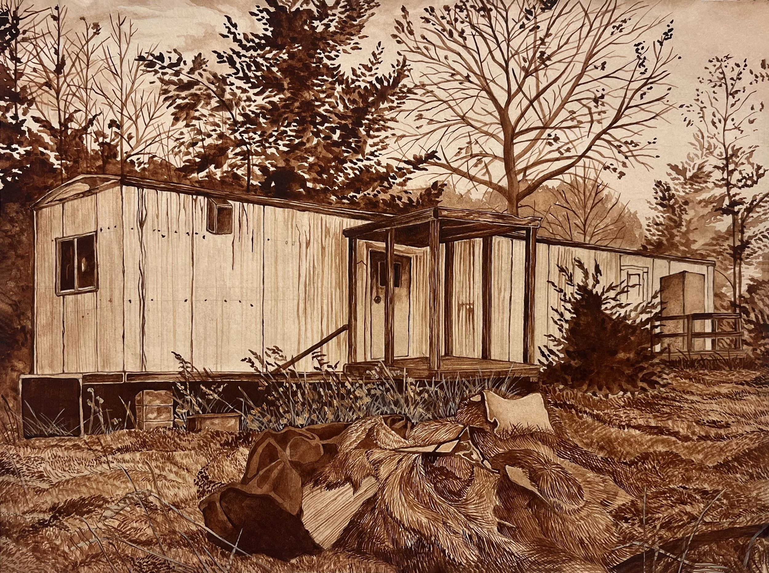 A sepia-toned drawing of a mobile home surrounded by trees and overgrown grass, with a pile of wood in the foreground.