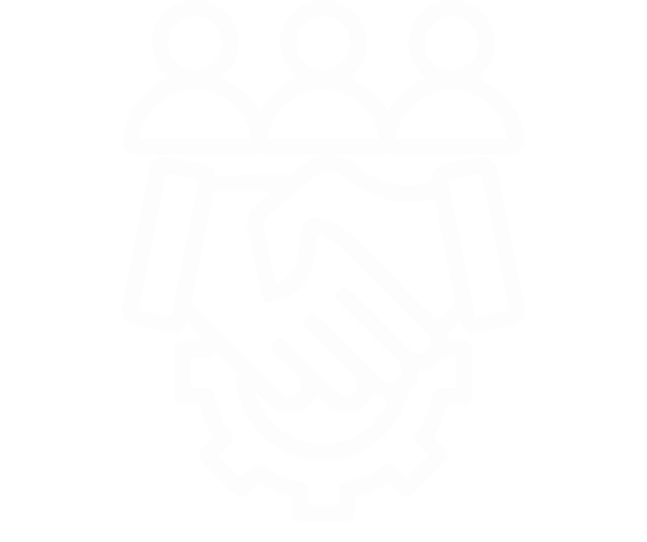 Icon of three people with a handshake over a gear.