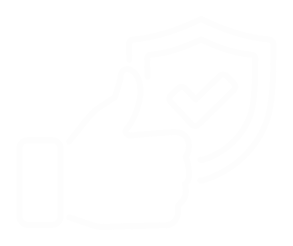 Line drawing of a hand with a wristwatch giving a thumbs-up gesture, with a shield and checkmark behind.
