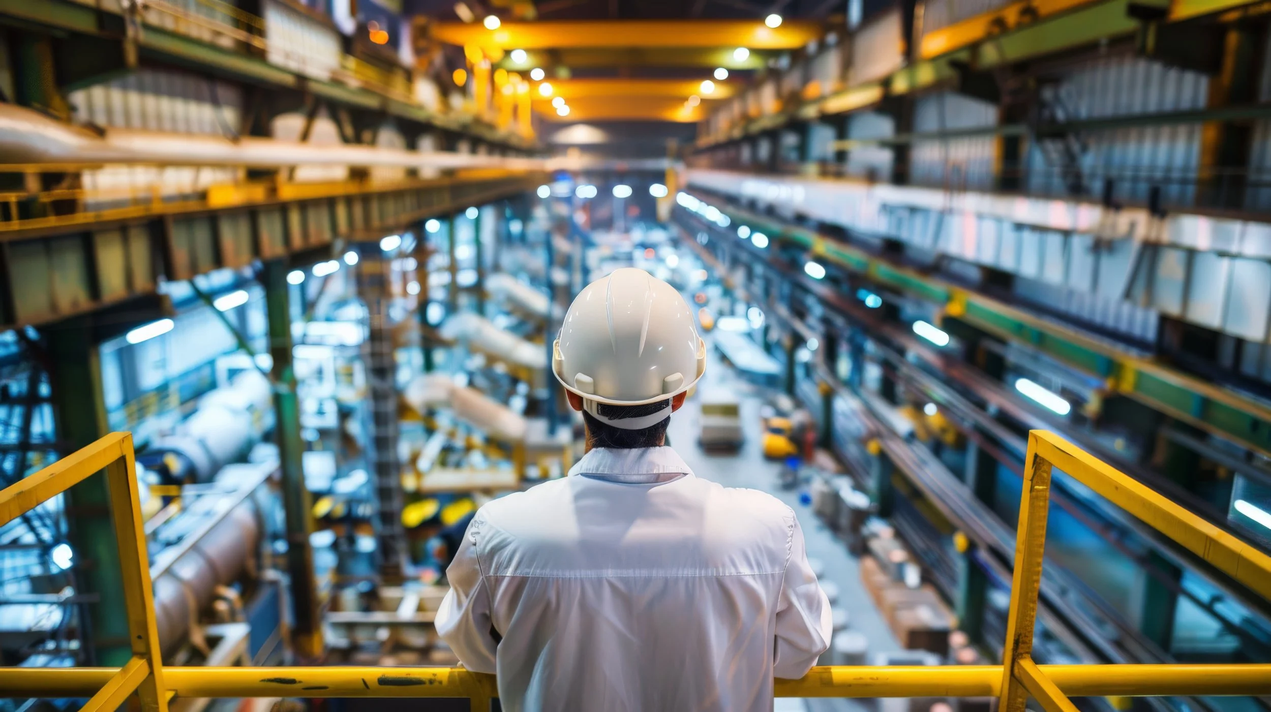 A person wearing a white shirt and a safety helmet stands on a yellow platform, overlooking an industrial factory with multiple levels, machinery, and conveyor belts.