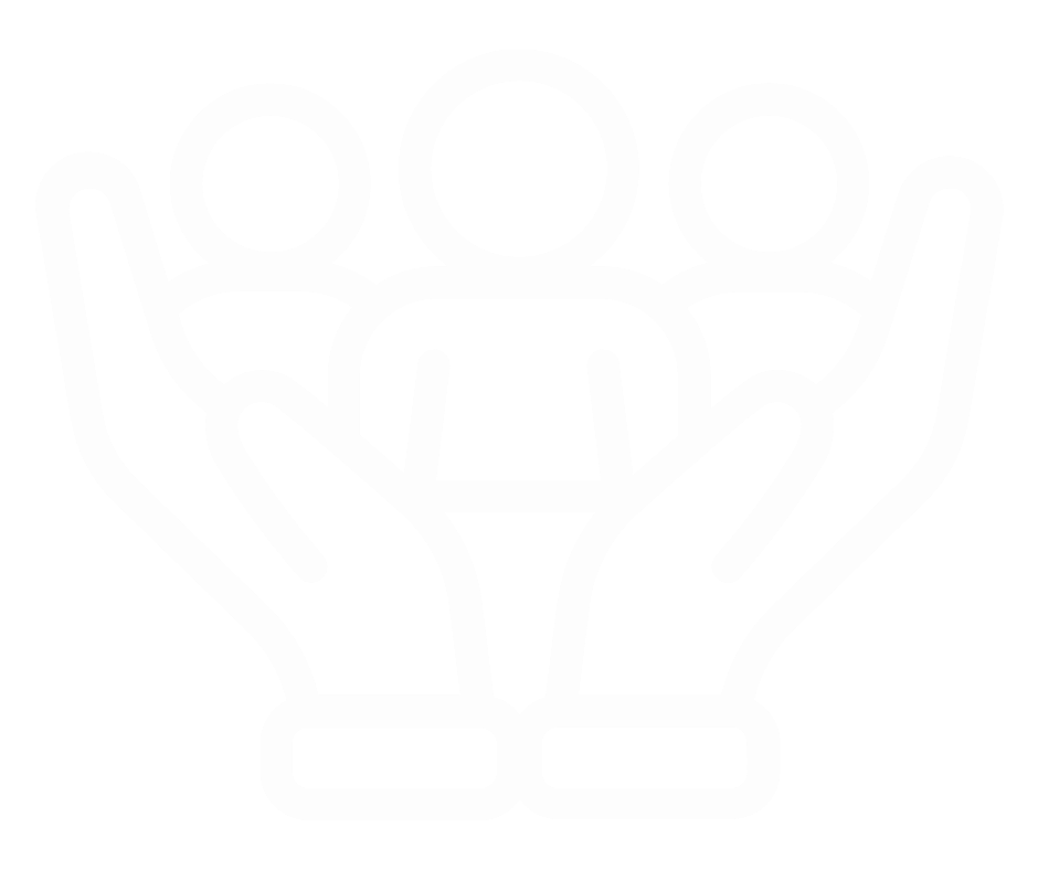 Icon of two hands holding three stylized human figures, representing support or community.
