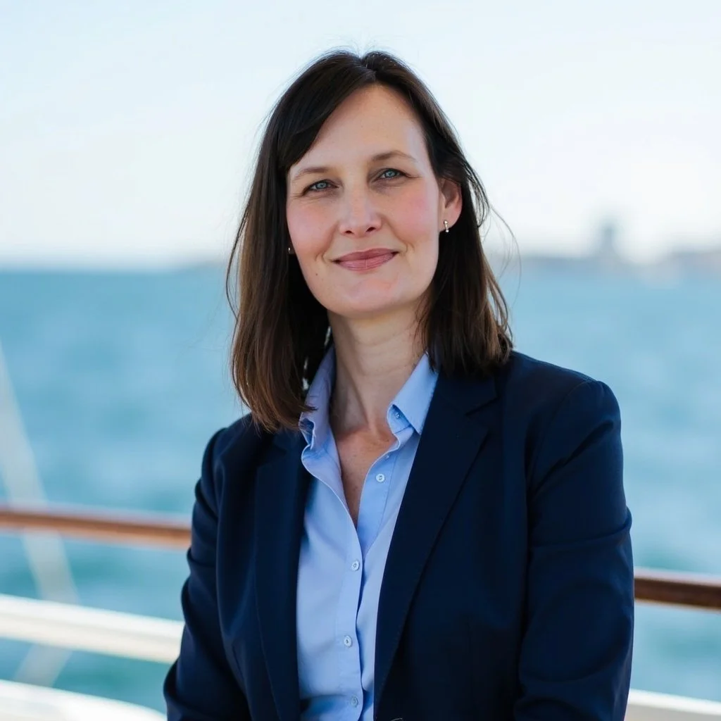 A woman with shoulder-length dark hair, blue eyes, and fair skin, dressed in a blue blazer and light blue shirt, standing outdoors near water with a blurry cityscape in the background.