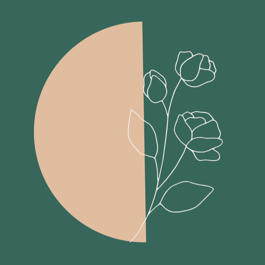 A minimalist illustration of a half pie chart with a beige section and a dark green background. Overlaid with a white outline drawing of three roses and leaves.