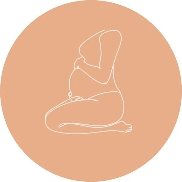Line drawing of a pregnant woman sitting in a kneeling position with arms wrapped around her belly, set against a peach-colored circular background.