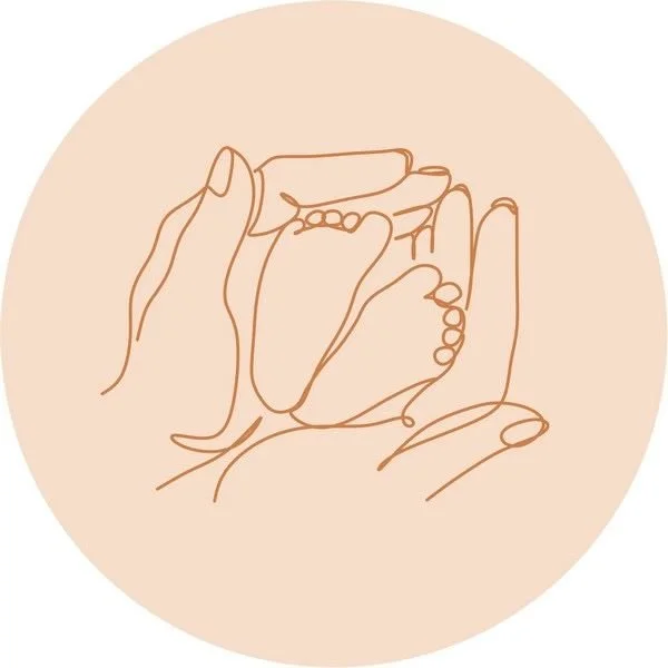 Line drawing of two hands holding a baby's foot