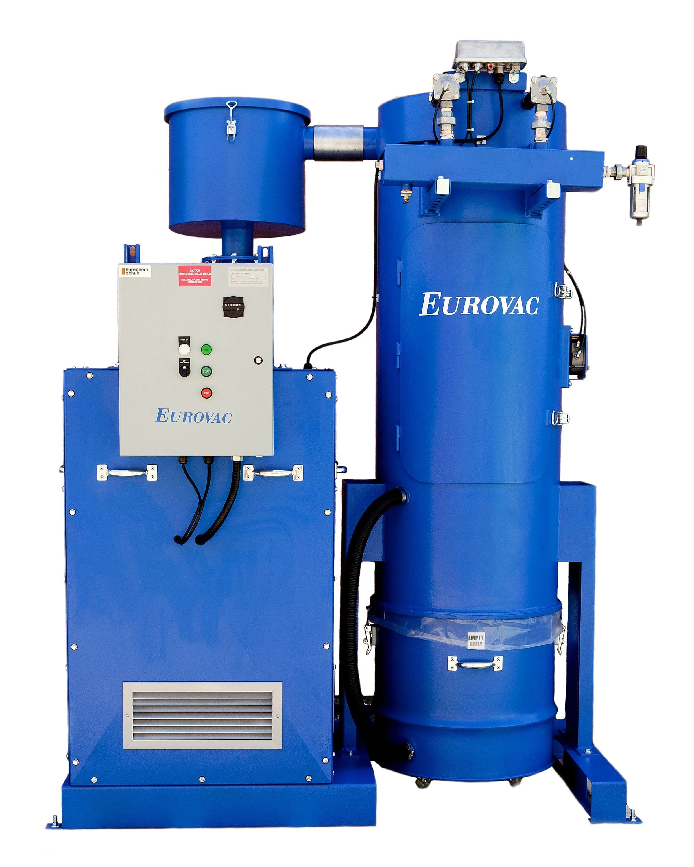 Blue industrial vacuum pump with control panel labeled "EUROVAC".