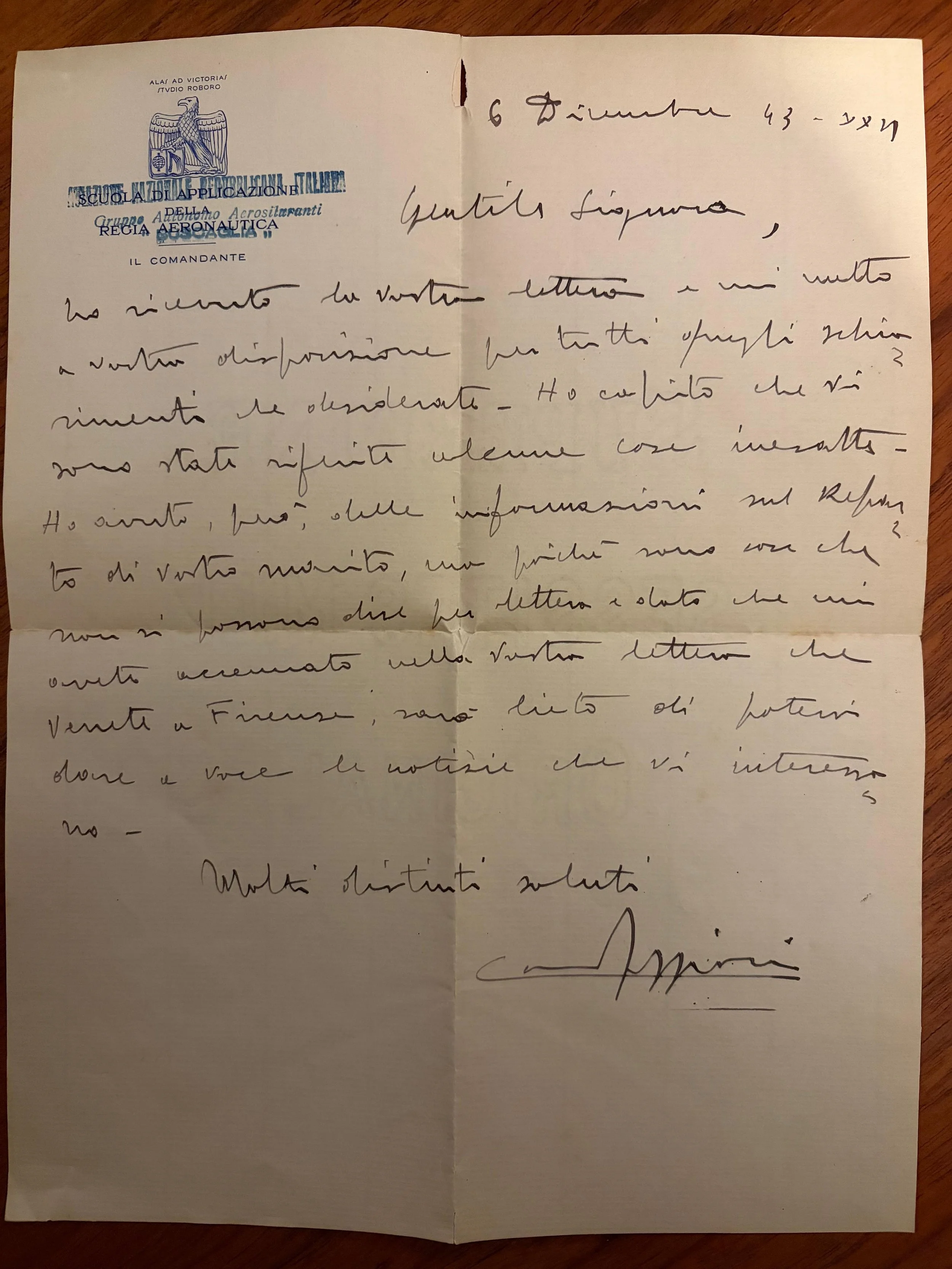 Lettera dal Comandante della Scuola di Applicazione della Regia Areonautica.                6 Dicembre 1943&nbsp;