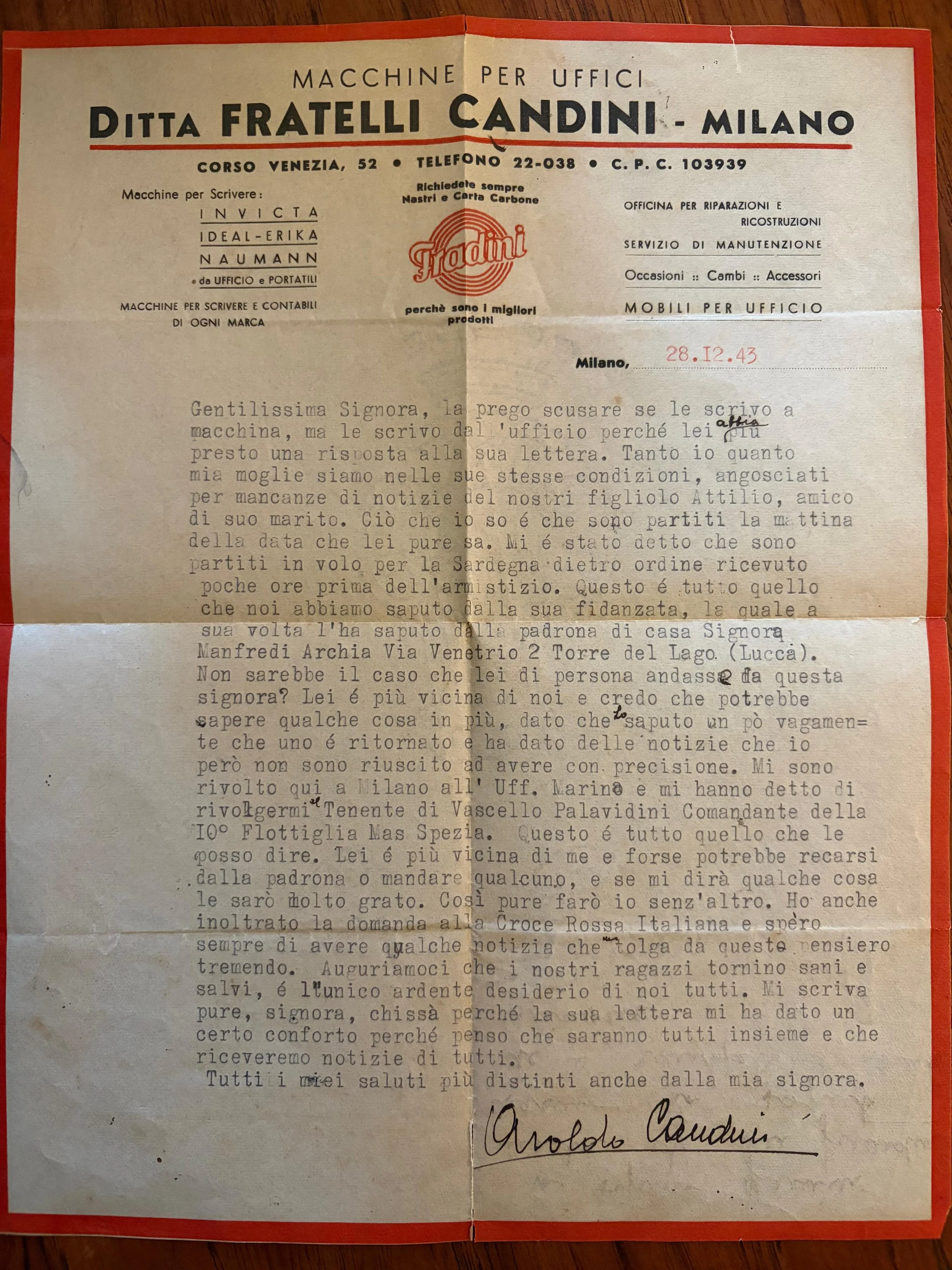 Lettera da Arnoldo Candini, genitore di un pilota che partì con Mario. 28 Dicembre 1943&nbsp;