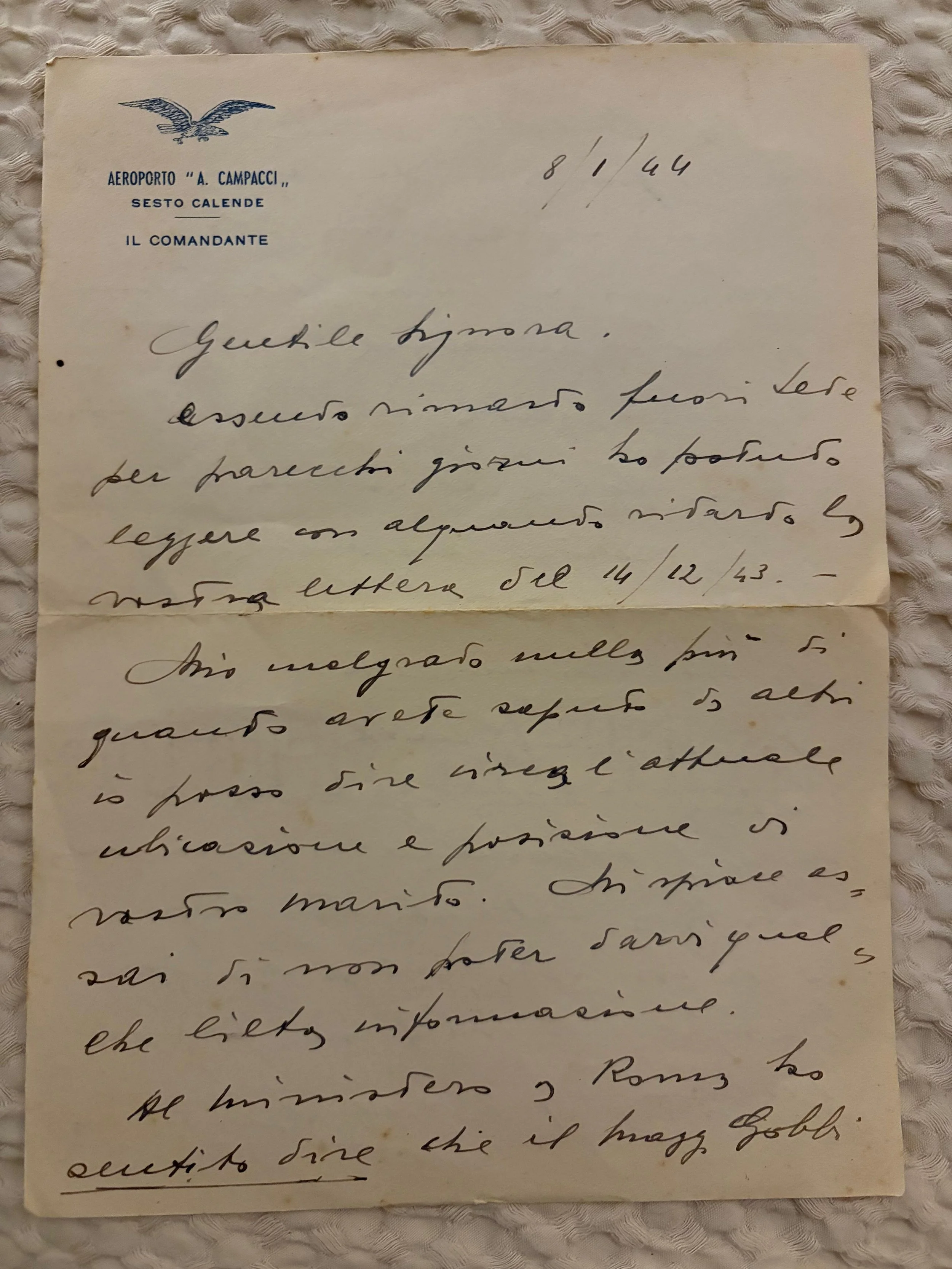 Lettera dal Colonnello Bertocco, 8 Gennaio 1944&nbsp;