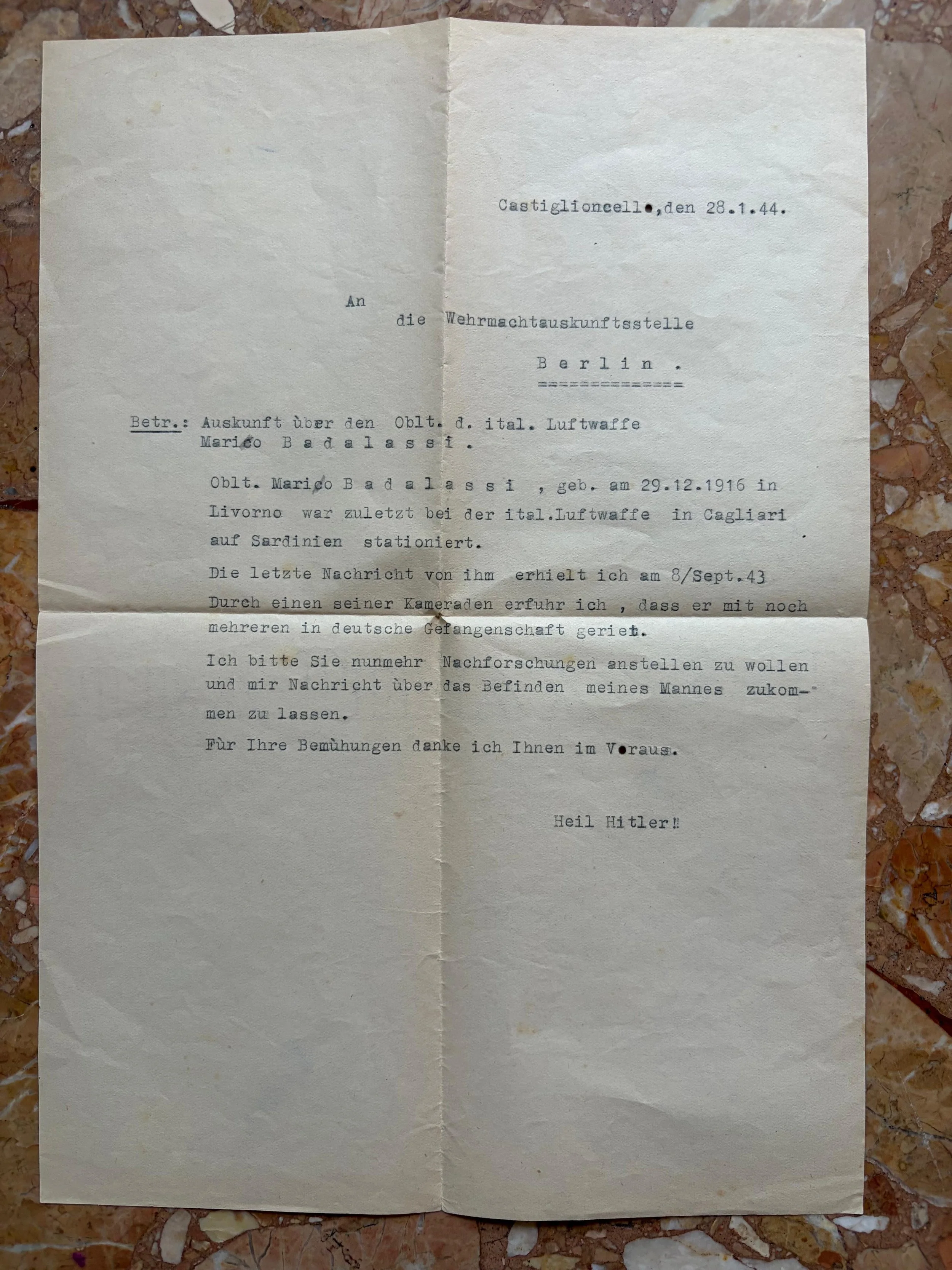 Lettera to the German Armed Forces Information Office, 28th January 1944