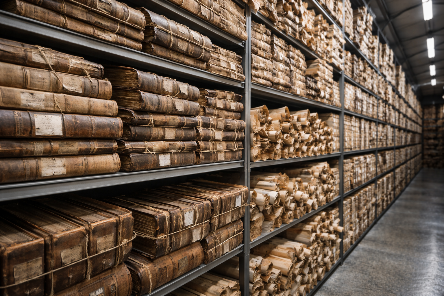 Shelves filled with ancient, worn books and rolled parchment documents in an archival storage room.