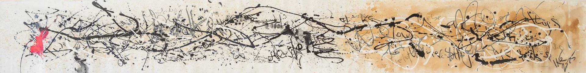 Abstract splatter painting with black, white, and beige tones, featuring random lines and drips.