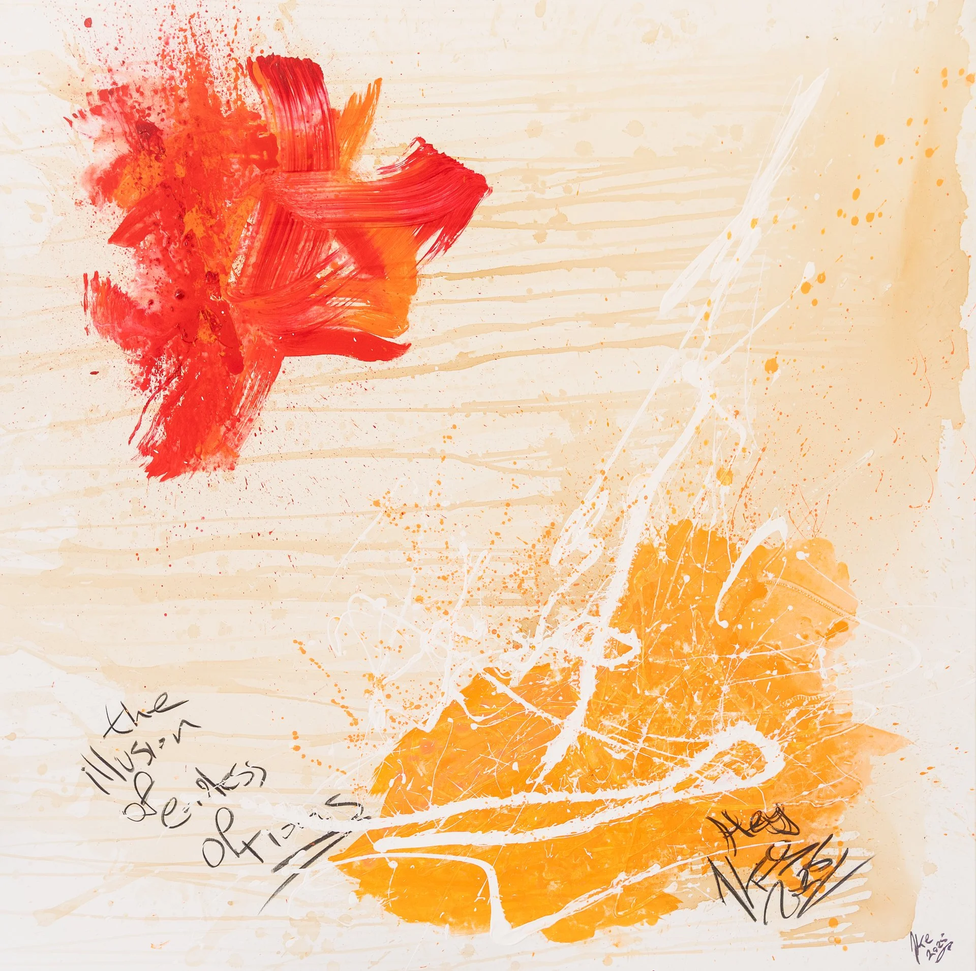 Abstract watercolor artwork with red and orange splashes, white streaks, and handwritten text on a beige background.