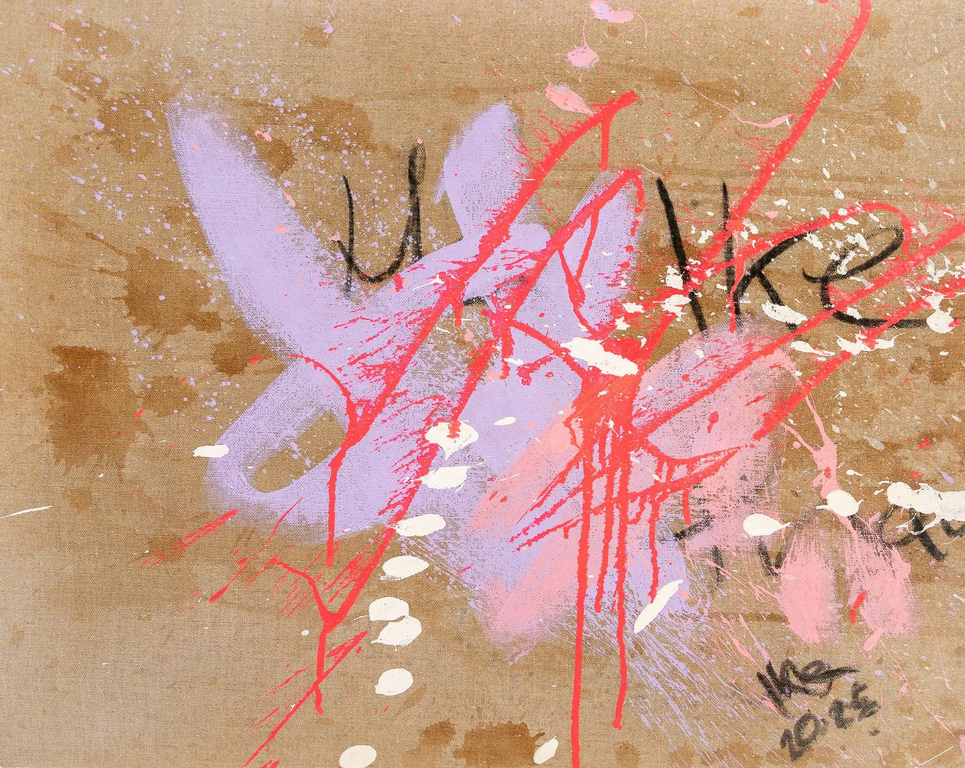 Abstract artwork with splashes of lavender, pink, black, and white paint over brown textured background, featuring the word 'WOKE' written in black and some handwritten text 'HNG 2023' in the bottom right corner.