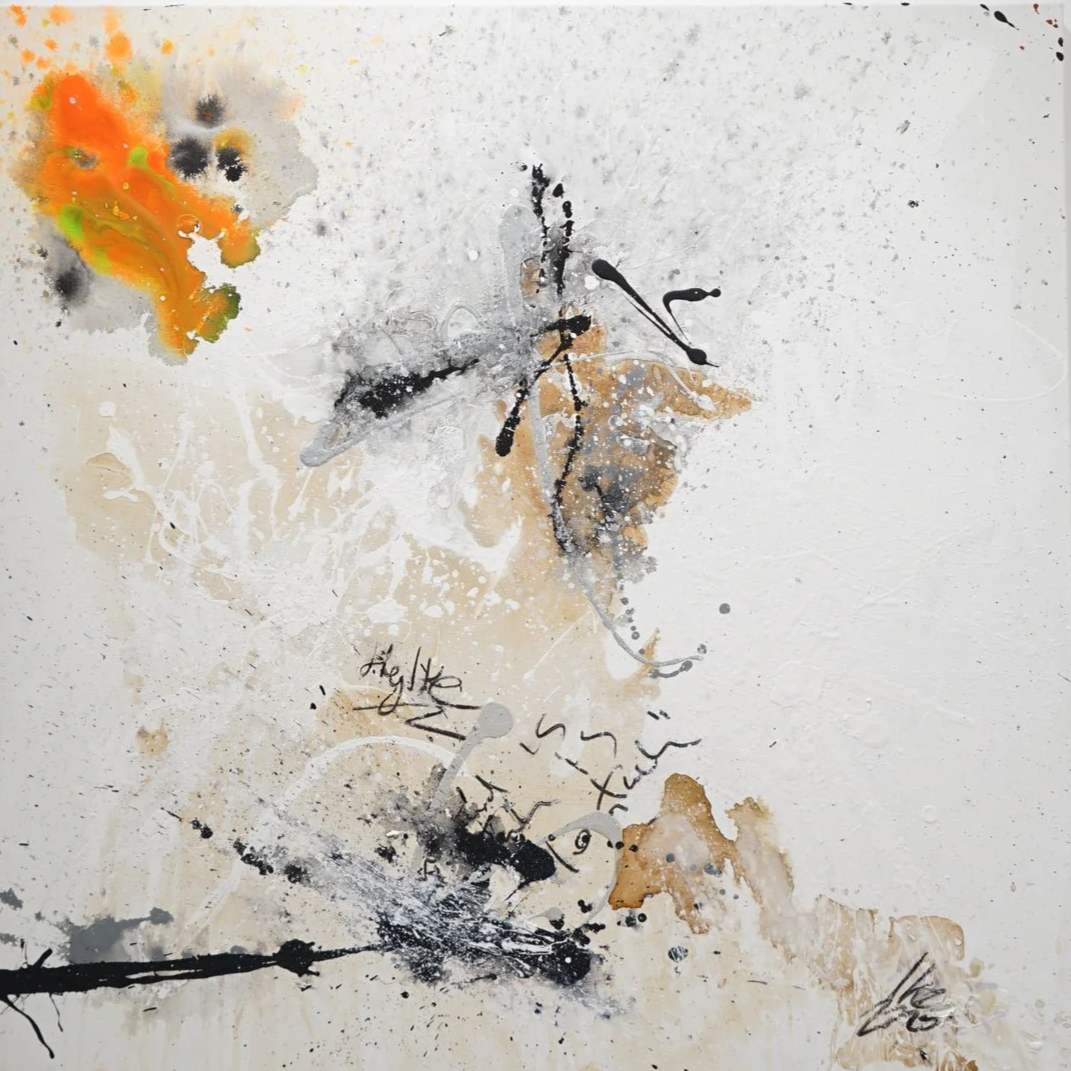 Abstract watercolor painting with splashes of black, beige, orange, and green, featuring faint handwritten text and sketches on a white background.