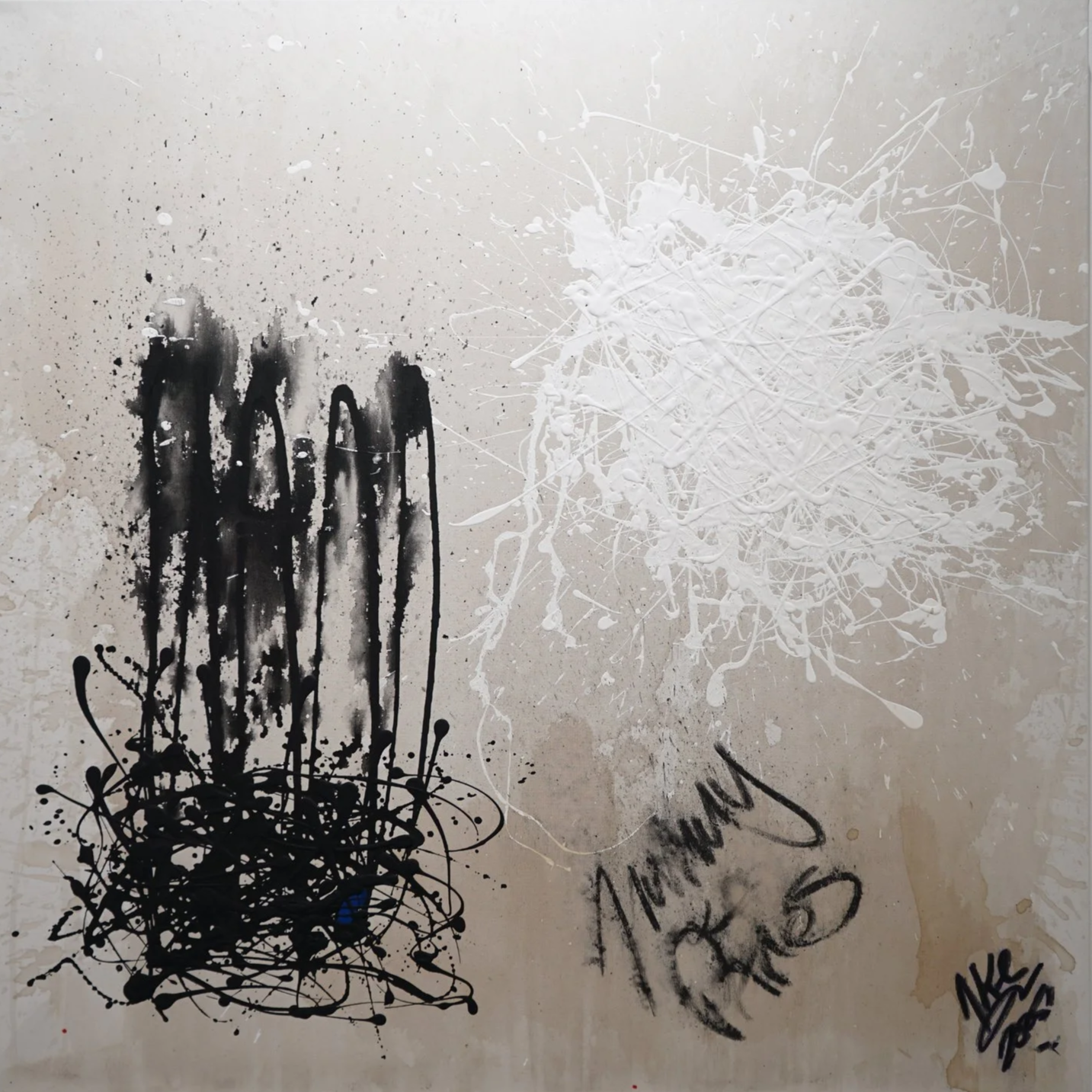 Abstract artwork featuring a black, dripping, scribbled hand on the left and a white splatter, doodle, and scribbles on the right, with some signatures and text.