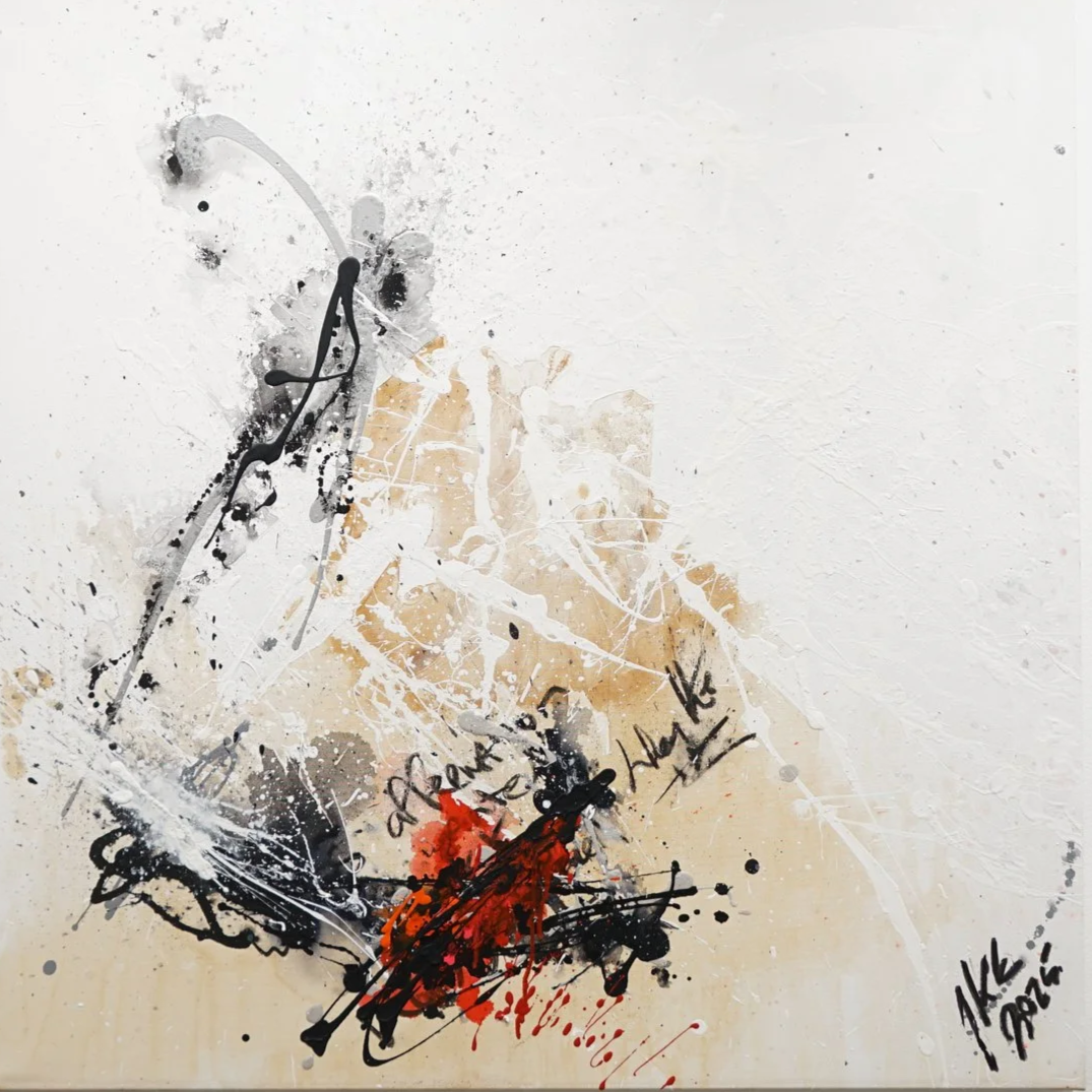 Abstract painting with various splatters and strokes of black, red, gray, white, and beige paint on a textured white background, including signatures and a handwritten message.
