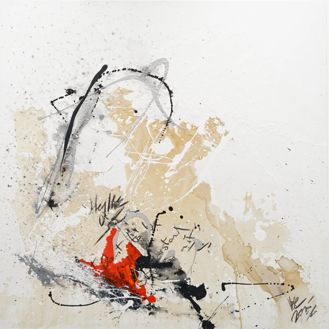 Abstract painting with splashes of beige, black, gray, white, and red paint, and handwritten words and signatures.