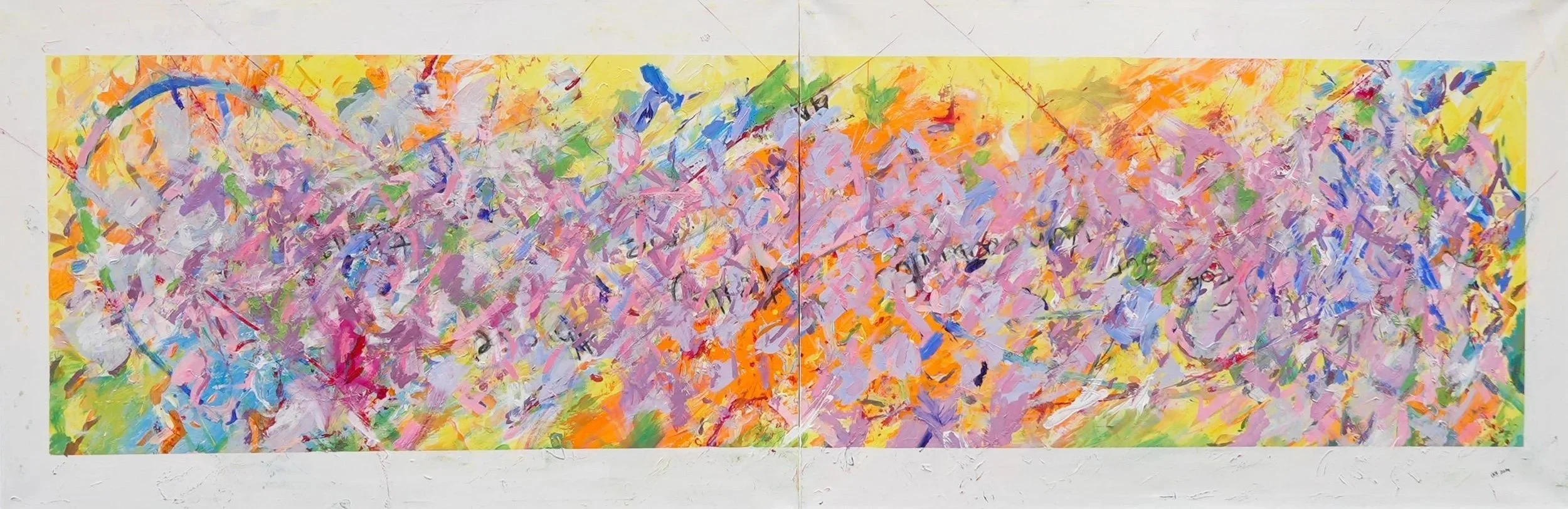 Colorful abstract painting with splashes of pink, purple, orange, yellow, green, blue, and white paint, covering a large rectangular canvas.
