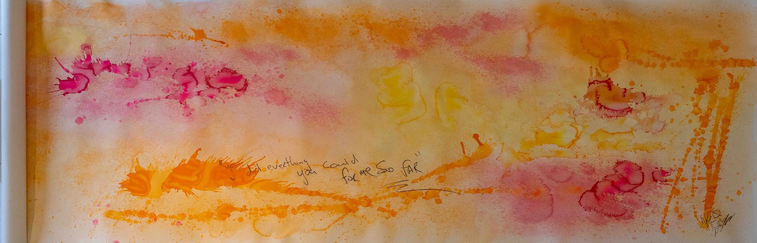 Abstract painting with vibrant blue background, pink and green shapes, and the handwritten phrase 'You the only thing I think about' layered over the image.