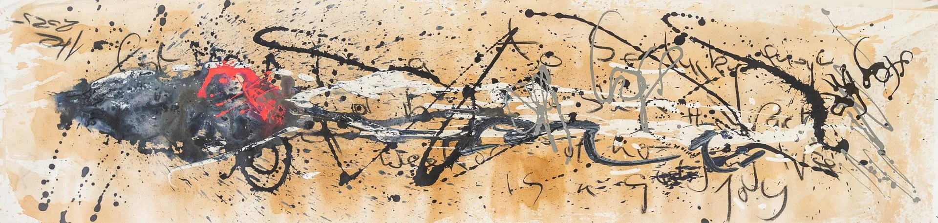 Abstract painting with black, white, gray, and red splatters and lines on a beige background.