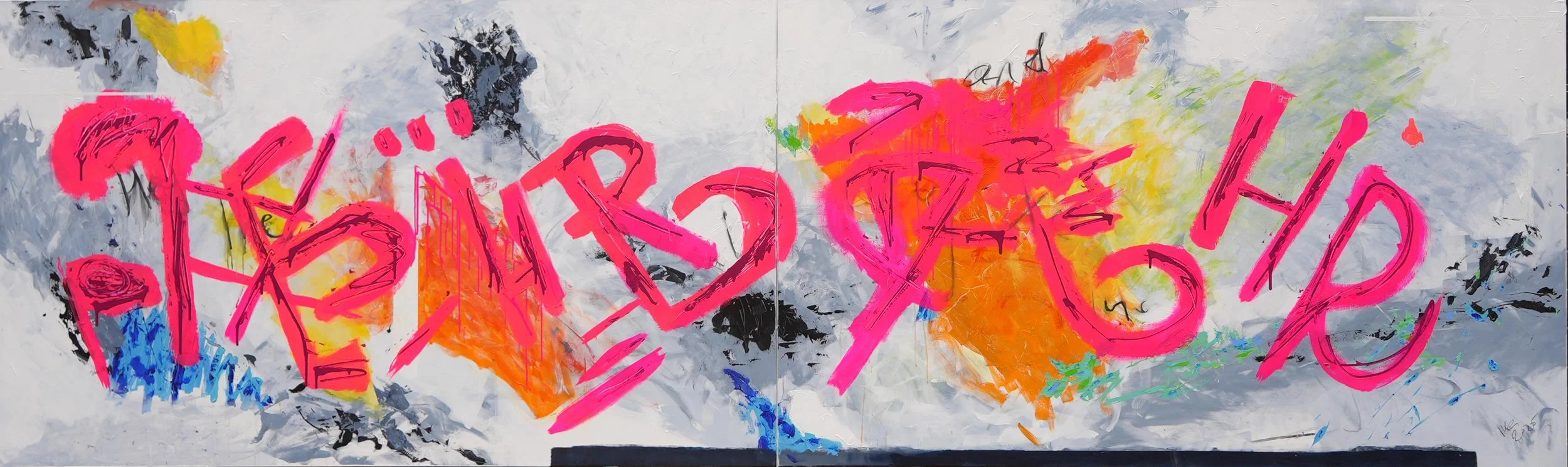 Colorful abstract graffiti wall with pink spray-painted words "Love" and "You" along with various splashes of orange, yellow, blue, green, black, and gray paint.