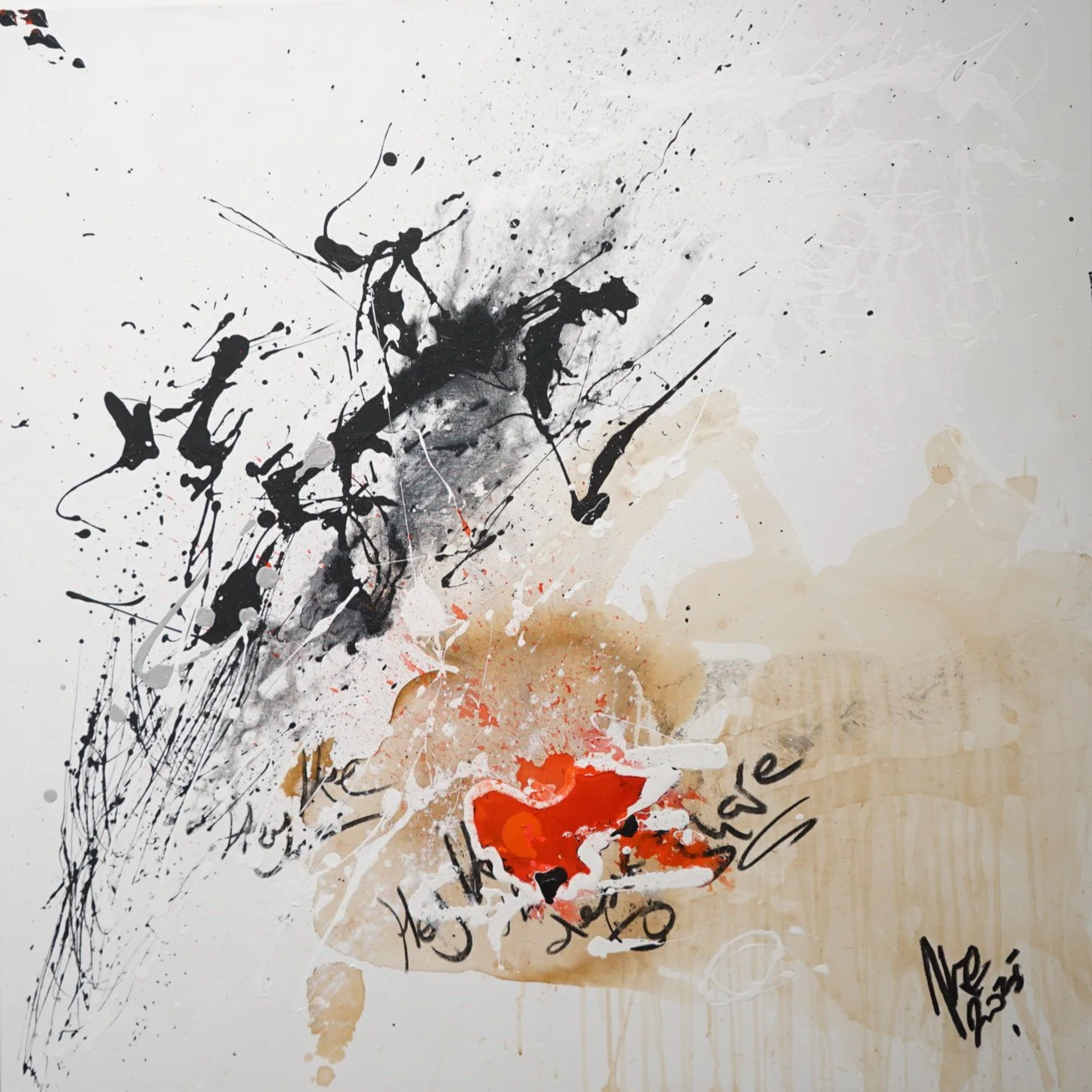 Abstract splatter paint artwork with black, red, and beige tones, featuring handwritten words and illegible text.