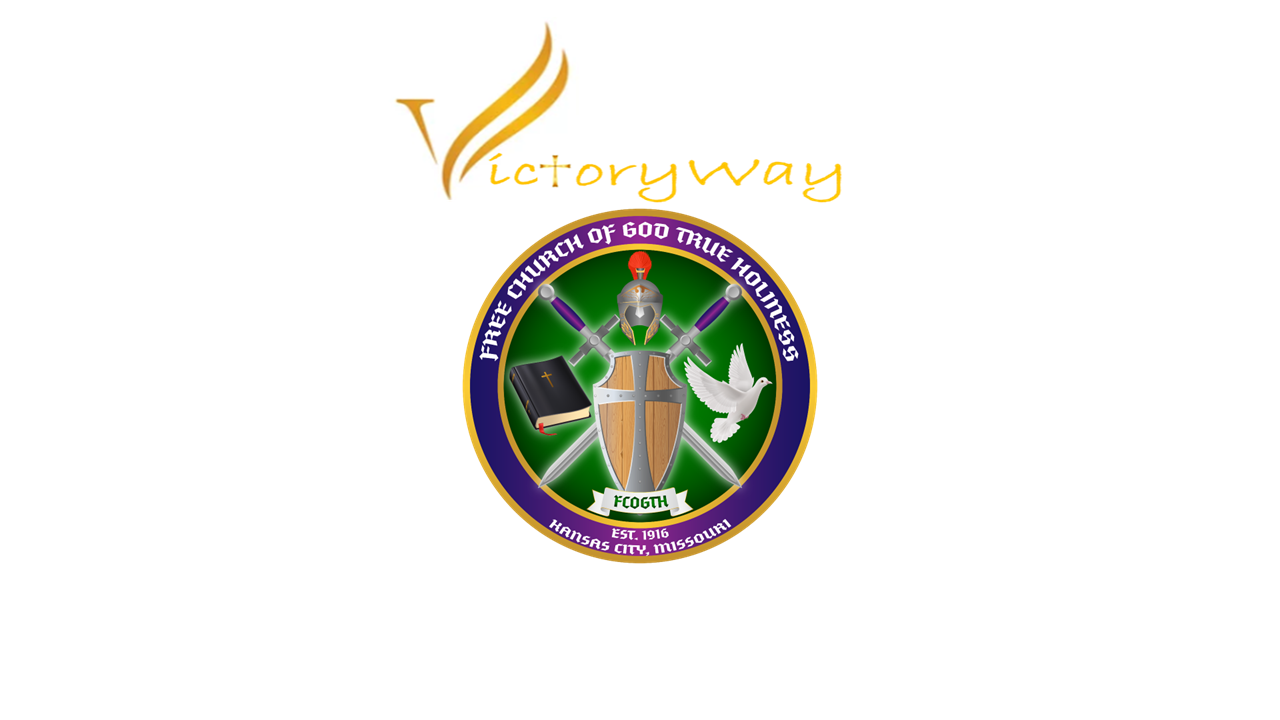 A logo for Victoryway, featuring a crest with a sword, shield, dove, and Bible, surrounded by a purple border with the text 'Free Church of God True Holiness' and 'Hansen City, Missouri. Established 1916.'