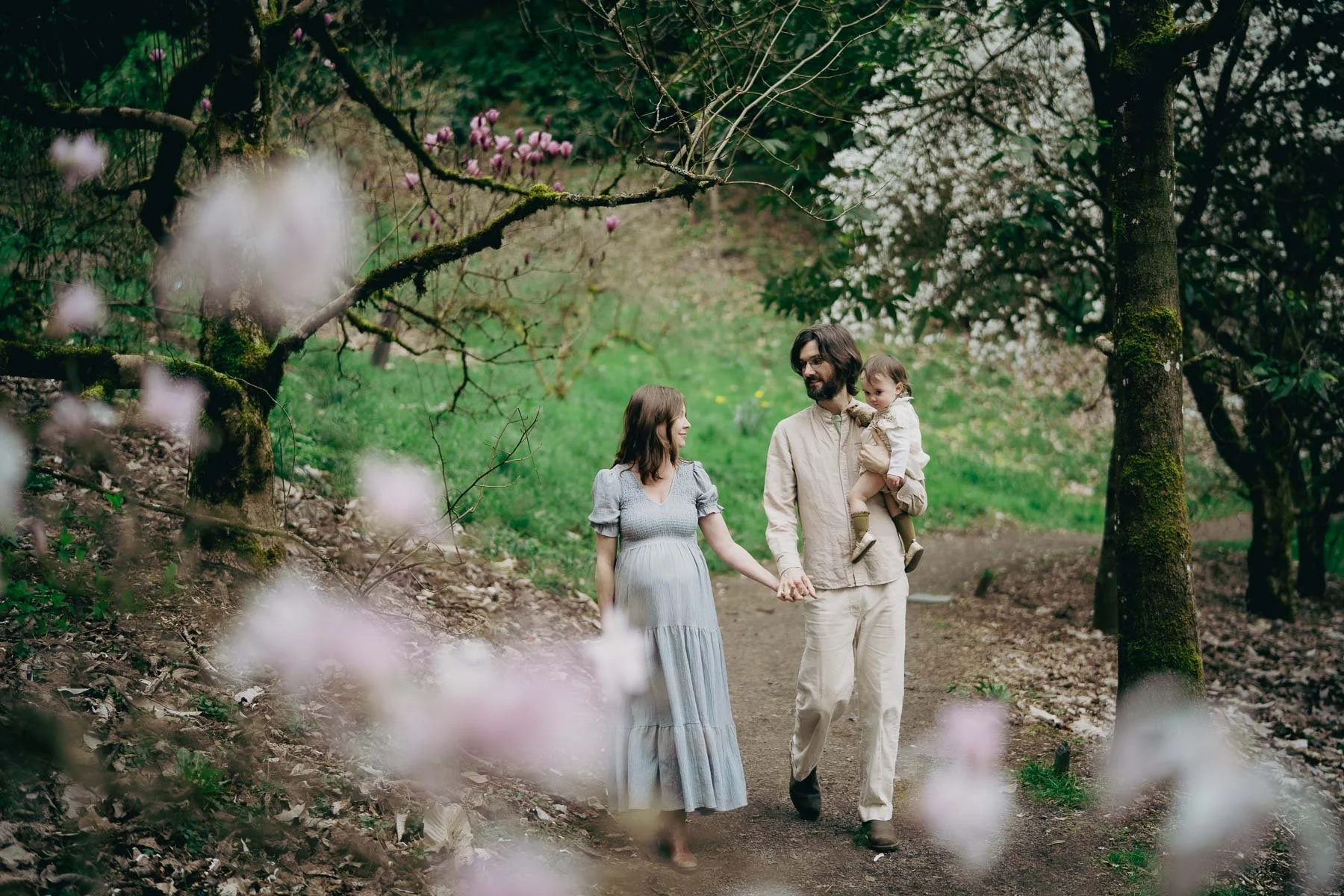 A smiling family with a pregnant wife walk down a path in the flowering grove of Magnolias at Hoyt Arboretum