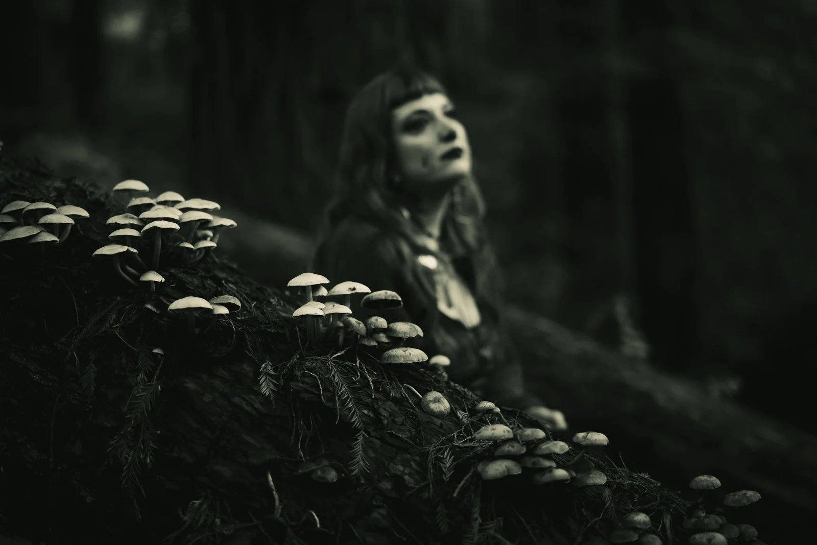 A witchy girl sits in the forest at Hoyt Arboretum, with a large cluster of mushrooms around her