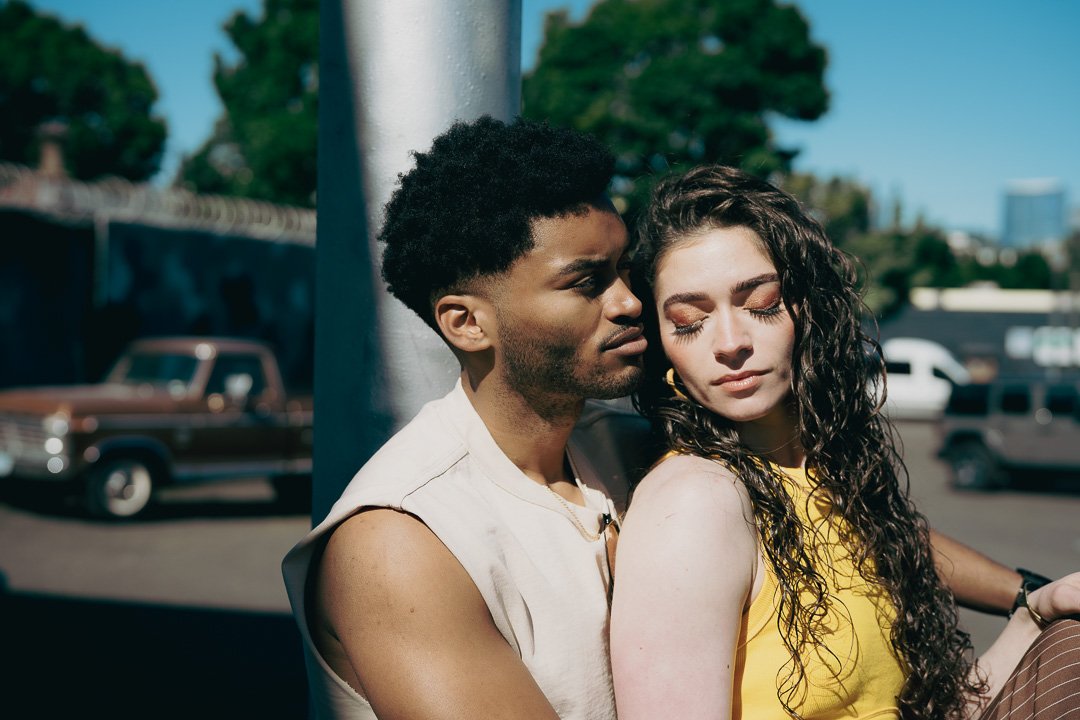 Urban engagement shoot of a couple on a Portland city street