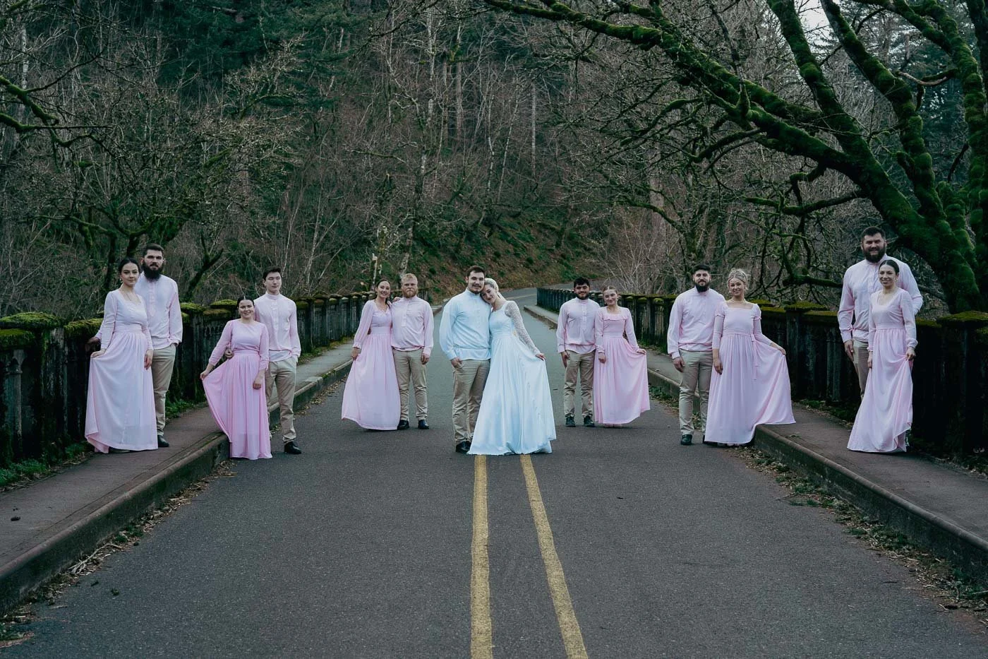 Bridal party on a bridge by Latourell Falls