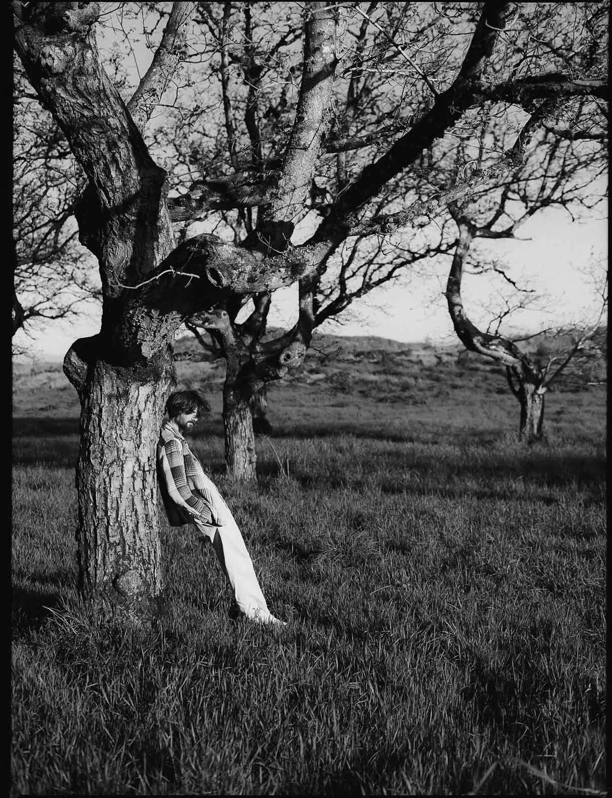 A man leans against a tree in a meadow