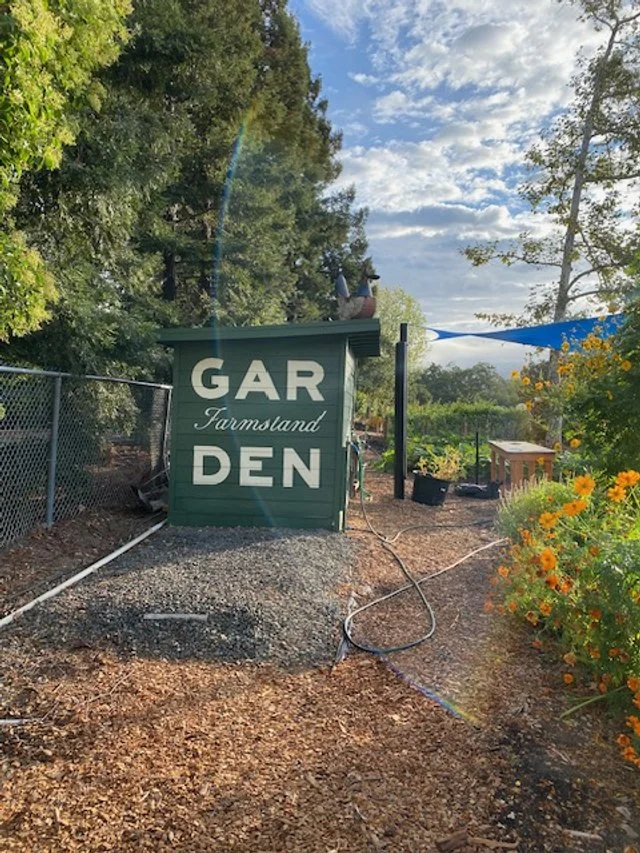 Yountville Community garden. A green sign with white letters reading 'GARDEN Farmstand' in a garden area with trees, a fence, and flowering plants. The sky is partly cloudy with sunlight.