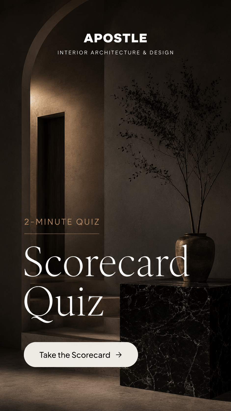 Interior design with minimalist style, a dark wall with a large potted plant on black marble pedestal, and text advertising a scorecard quiz for interior architecture and design.