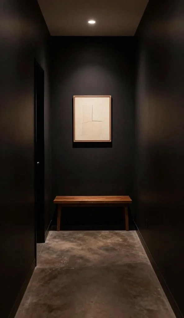 A small, dark hallway with black walls, a framed artwork centered on the wall, a wooden bench beneath the artwork, and a polished concrete floor. A ceiling light illuminates the space.