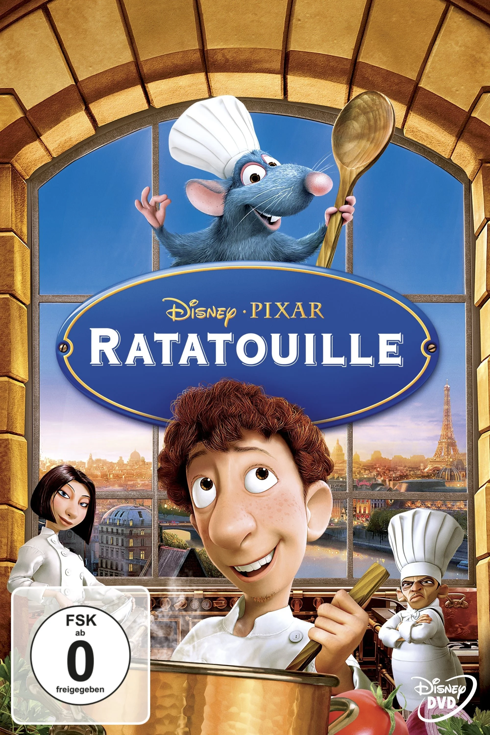 DVD-Cover des Animationsfilms 'Ratatouille' mit einem Küchenchef-Rattencharakter auf einem Fenster mit Blick auf Paris, Eiffelturm im Hintergrund, und zwei menschlichen Köchen im Vordergrund.