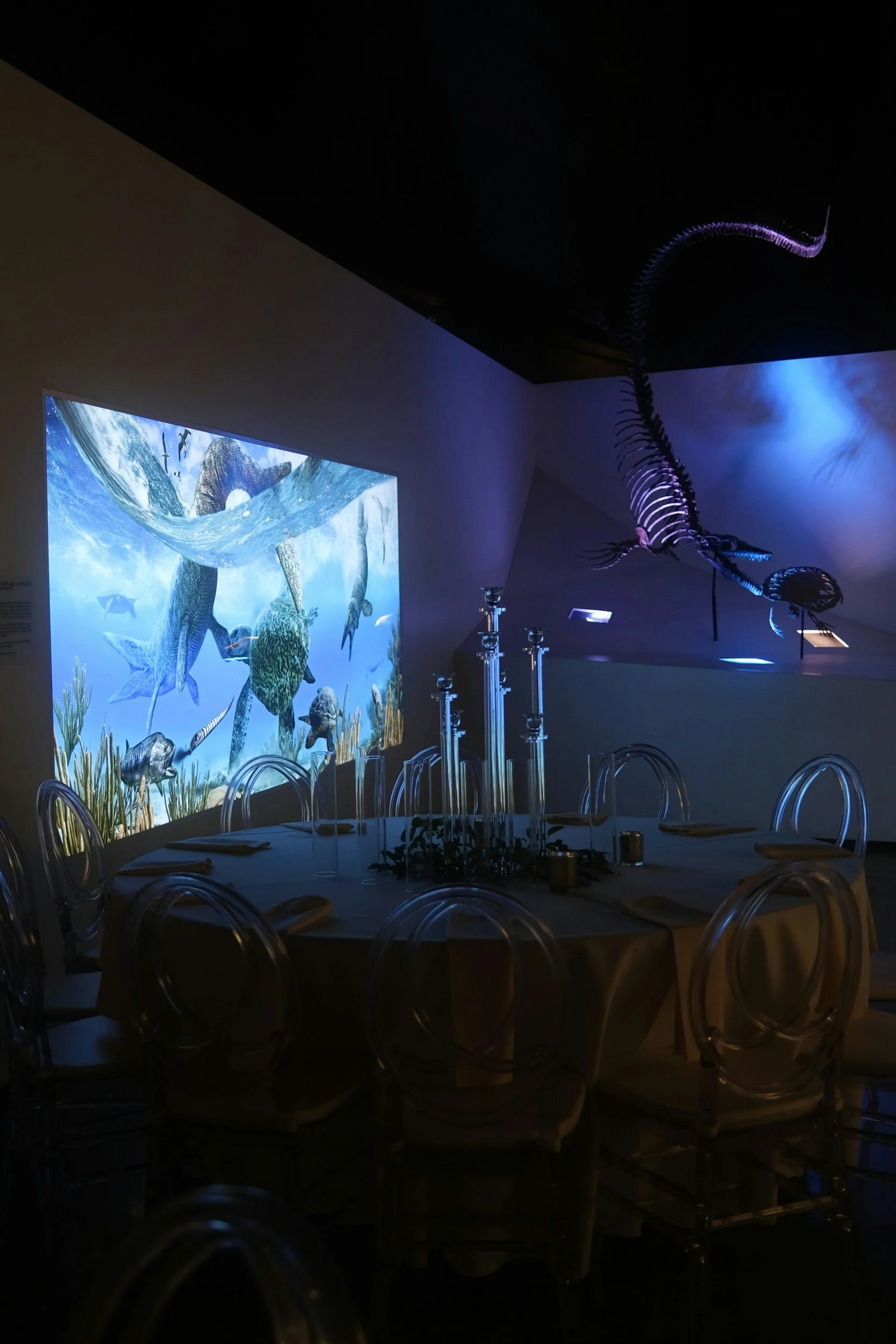 Ein dunkler Raum mit einer digital projizierten Unterwasserwelt, einem Drachenskelett an der Decke und einem runden Tisch mit transparenten Stühlen, der für eine Feier dekoriert ist.