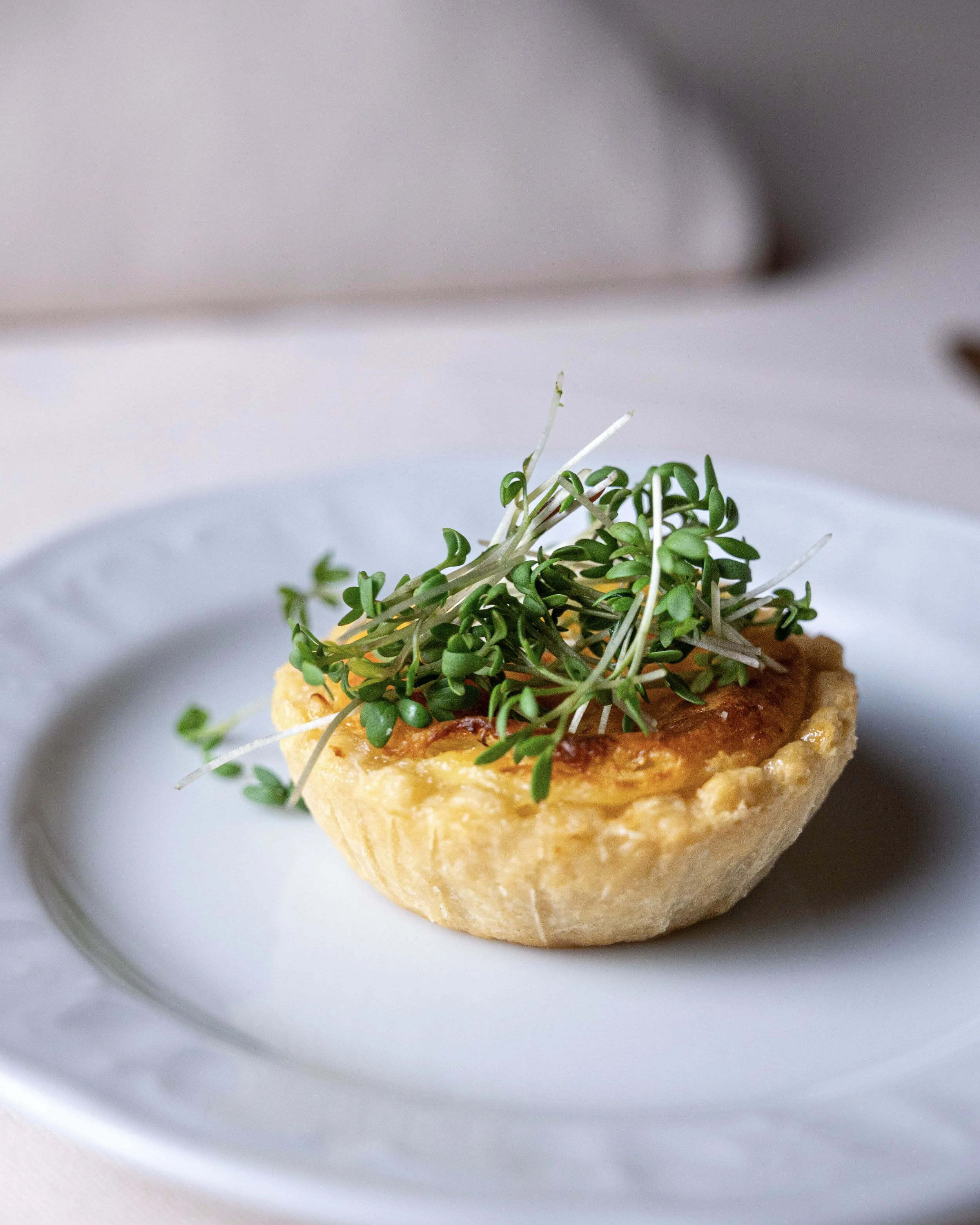 Kleine Tarte mit Kräutern und Sprossen auf einer weißen Platte